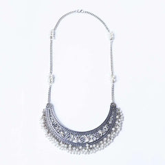 Silver Crescent Filigree Pearl Mogra Necklace