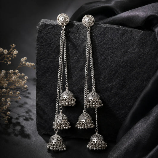 Oxidised Long Triple Jhumka Earrings