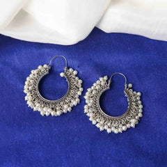 Silver Tone Mogra Pearl Hoop Earrings