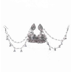 Oxidised Jhumka Layered Pearl Hair Chain Earrings