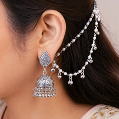 Oxidised Jhumka Layered Pearl Hair Chain Earrings
