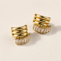Baguette Half Hoop Stud Earrings - 18K Gold Plated