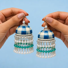 Checkered Pearl fringe Meenakari Jhumkas