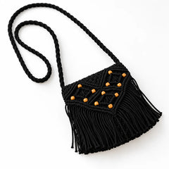 Black Boho Beaded Macrame Bag