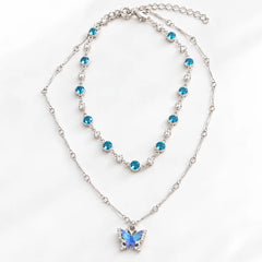 Blue Butterfly Crystal Layered Necklace