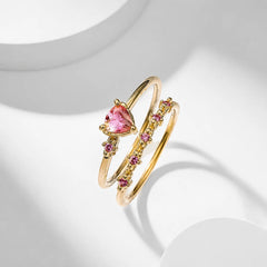 Pink Crystal Heart Rings Set