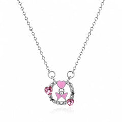 Pink Heart Bow Circle Pendant Necklace