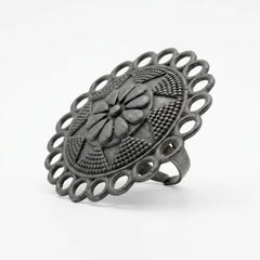 Black Oxidised Floral Medallion Rings