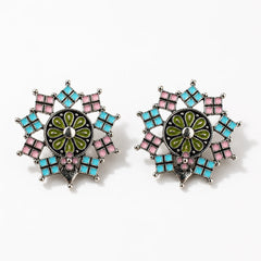 Enamel Mandala Silver-Tone Stud Earrings