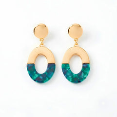 Gold Green Marble Oval Drop Earrings