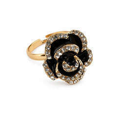 Black Enamel Crystal Rose Ring