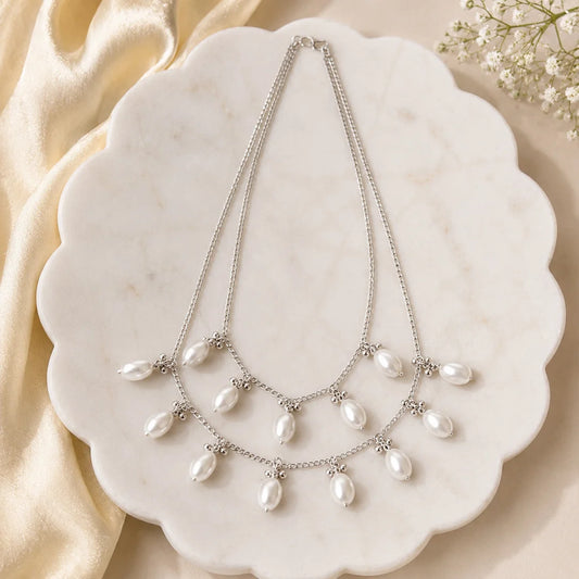 Oval Pearl Layered Silver Necklace