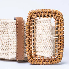 Woven Raffia Cream Rectangular Buckle Belt