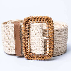 Woven Raffia Cream Rectangular Buckle Belt