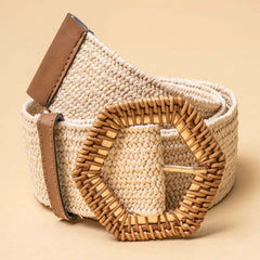 Braided Cream Raffia Hexagonal Buckle Belt