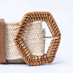 Braided Cream Raffia Hexagonal Buckle Belt