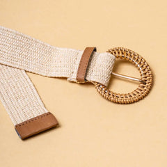 Cream Raffia Braided Straw Buckle Belt