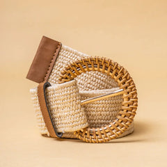 Cream Raffia Braided Straw Buckle Belt