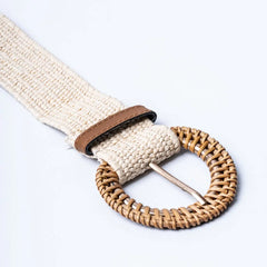 Cream Raffia Braided Straw Buckle Belt