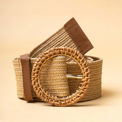 Raffia Tan Woven Round Buckle Belt