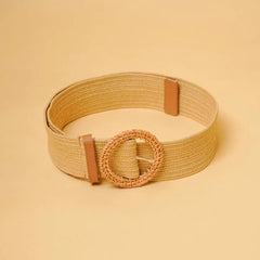 Raffia Tan Woven Round Buckle Belt