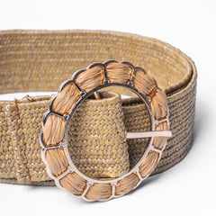Raffia Olive Flower Straw Buckle Belt