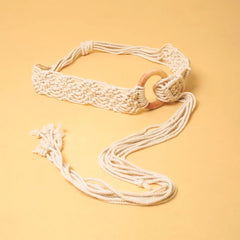 Macrame Off White Wooden Buckle Belt