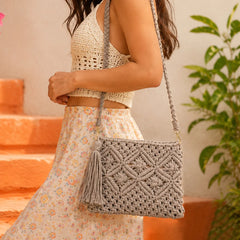 Beige Knitted Macrame Sling Bag