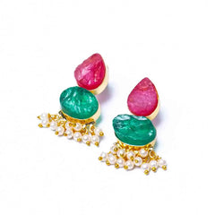 Golden Druzy Stone Dual Coloured Pearl Mogra Earrings