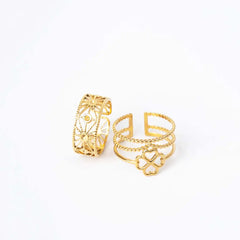 Pack of 2 Golden Filigree Band And Clover Rings