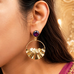 Golden Crumple Circular Gems Earrings