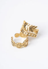 Pack of 2 Golden Filigree Floral Band And Leaf Chain Rings