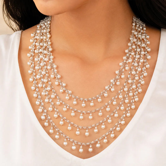 Silver Pearl Multi Layered Necklace