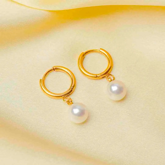 Golden Small Pearl Drop Hoop Earrings