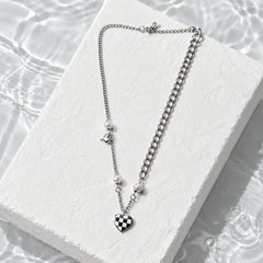 Checked Heart And Charms Chain Necklace - Rhodium Plated