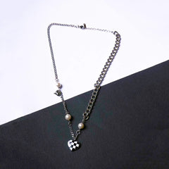 Checked Heart And Charms Chain Necklace - Rhodium Plated