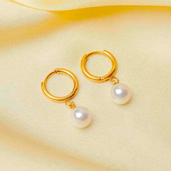Small Pearl Drop Hoop Earrings - 18K Gold Plated