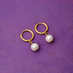 Small Pearl Drop Hoop Earrings - 18K Gold Plated