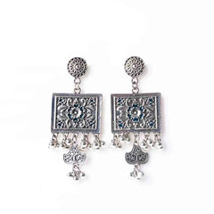 Intricate Floral Antique Silver Square Dangle Earrings