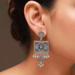 Intricate Floral Antique Silver Square Dangle Earrings