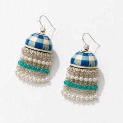 Checkered Pearl fringe Meenakari Jhumkas