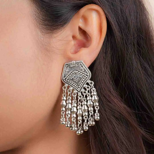 Intricate Silver Beaded Tassel Earrings