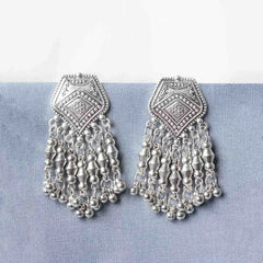 Intricate Silver Beaded Tassel Earrings