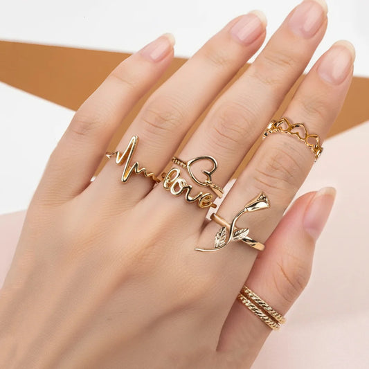 Pack of 7 Golden Hearts And Love Rings Combo