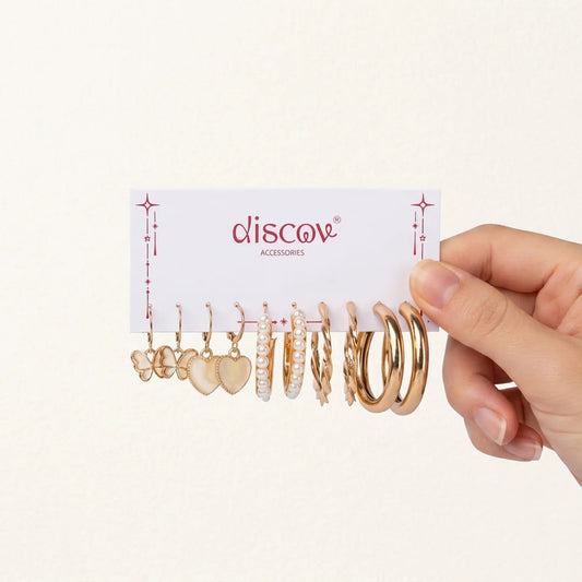 Set of 5 Pearly White And Golden Earrings Combo
