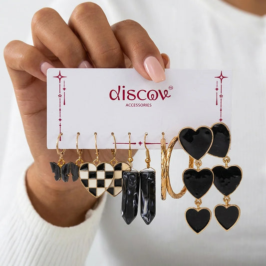 Set of 5 Golden Glazy Black Earrings Combo