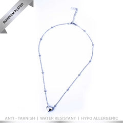 Silver Heart Beaded Chain Necklace - Rhodium Plated