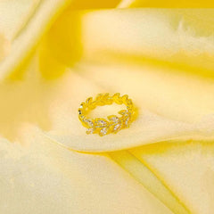 Golden Crystal Leaf Ring - 18K Gold Plated
