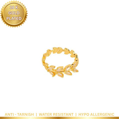 Golden Crystal Leaf Ring - 18K Gold Plated