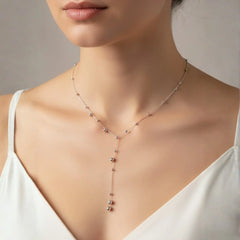 Beaded Lariat Necklace - Rhodium Plated